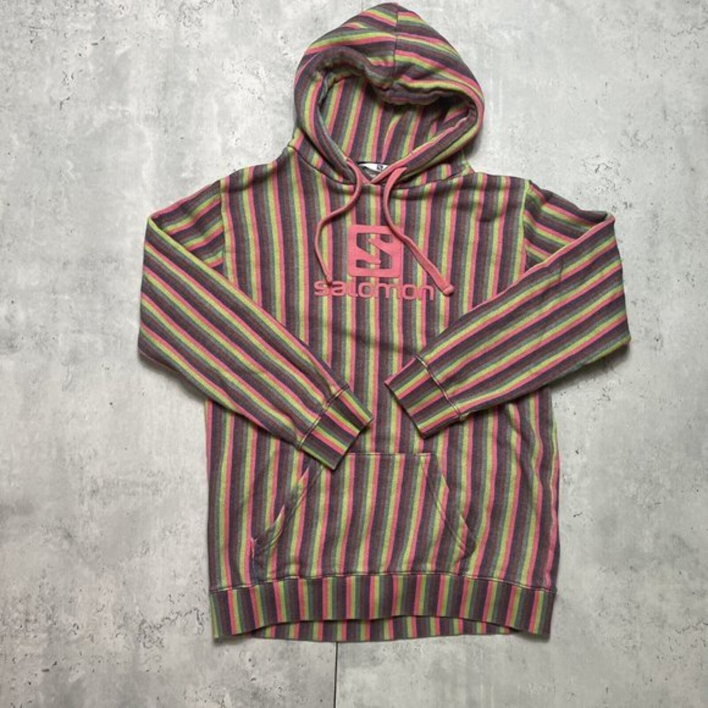 Salomon Hoodie Girls Kids Sz 14 Outdoor Pink Striped Fleece‎ Pullover Drawstring